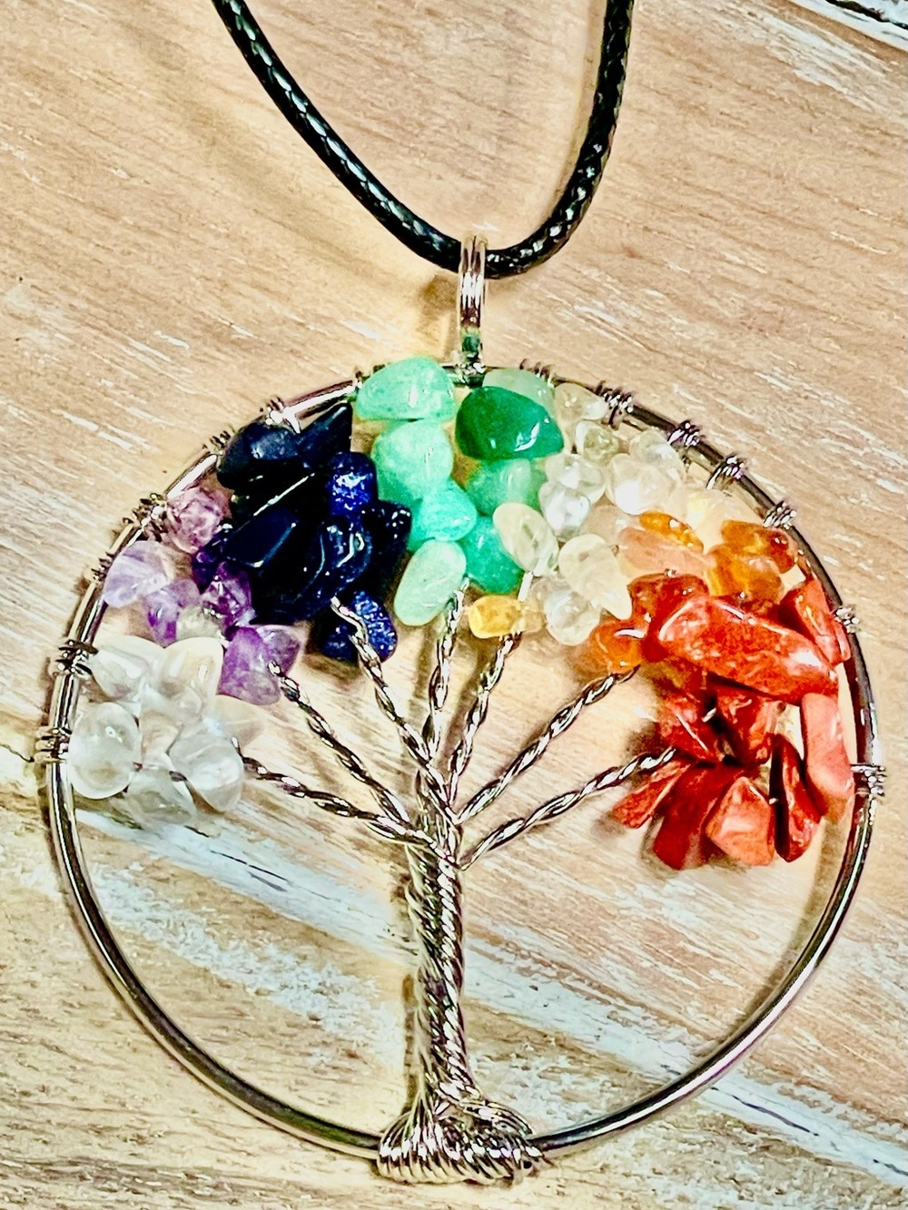 Handmade Tree of Life Chakra Pendant Necklace - Multicolor Stones